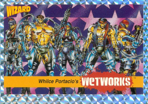 Colorful promo card featuring armored characters in dynamic poses from Wetworks trading cards