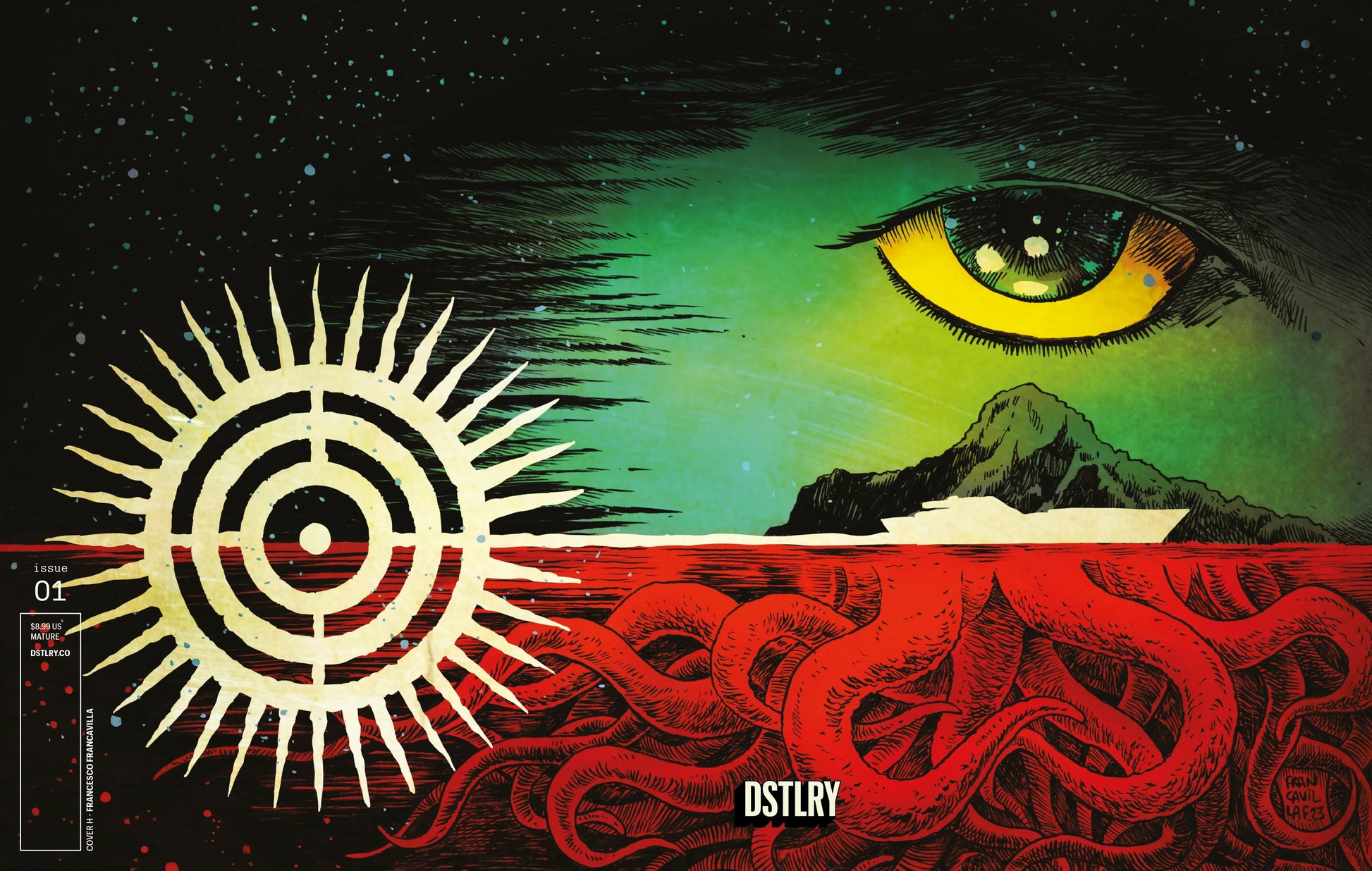 Surreal Francesco Francavilla artwork of a sun, mountain, and eye on White Boat trading cards