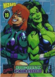 Comic book cover of Wizard Chromium Series promo card featuring red-haired and green-skinned heroes