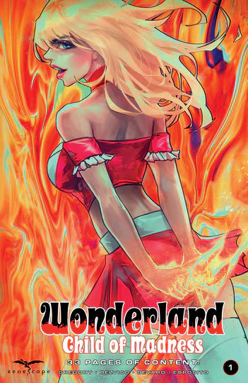 Manga-style cover art of Wonderland Child Of Madness #1 with a figure in a red dress and flames