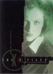 Portrait photo with green overlay of a person featured on X-Files trading card