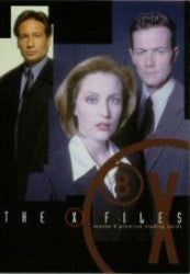 Promotional poster for The X-Files featuring main characters on X-Files Season 8 promo card