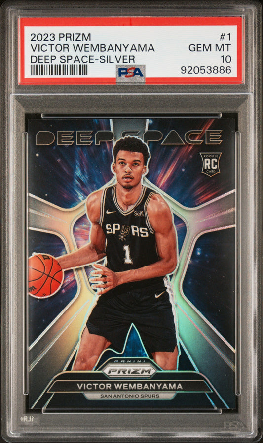 PSA-graded 2023 Panini Prizm Deep Space Silver card of Victor Wembanyama, Spurs #1