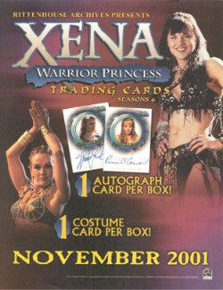 Promotional sell sheet for Xena Season 6 trading cards with autographed and costume cards