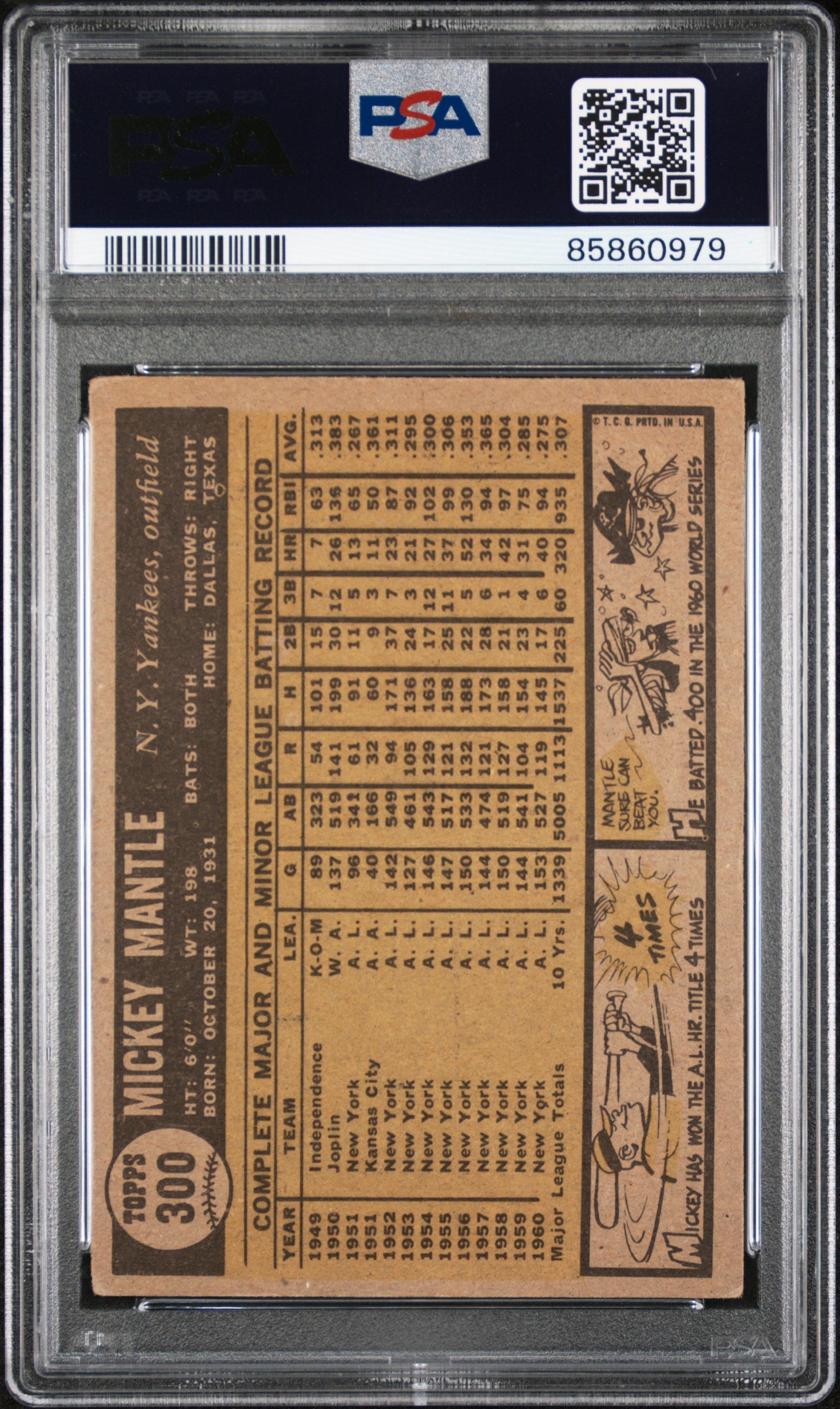 Vintage Mickey Mantle 1961 Topps baseball card in PSA graded holder with player stats