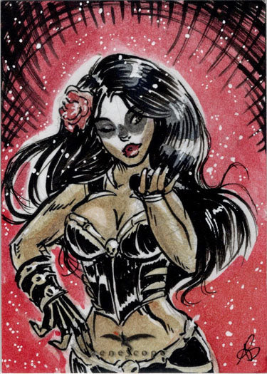 Stylized illustration of a woman in a corset on Zenescope sketch card by Amber Stone