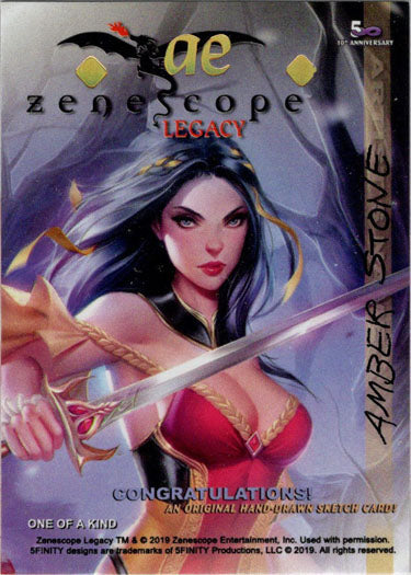 Zenescope Legacy 2019 sketch card by Amber Stone features a female warrior with sword