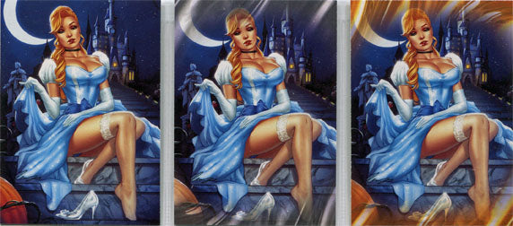 Woman in a blue dress on steps with castle and moon, inspired by Grimm Fairy Tales