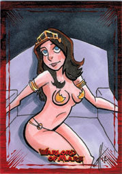 Cartoon illustration of a nude woman with golden headpiece on Warlord of Mars sketch card by Scott Zirkel