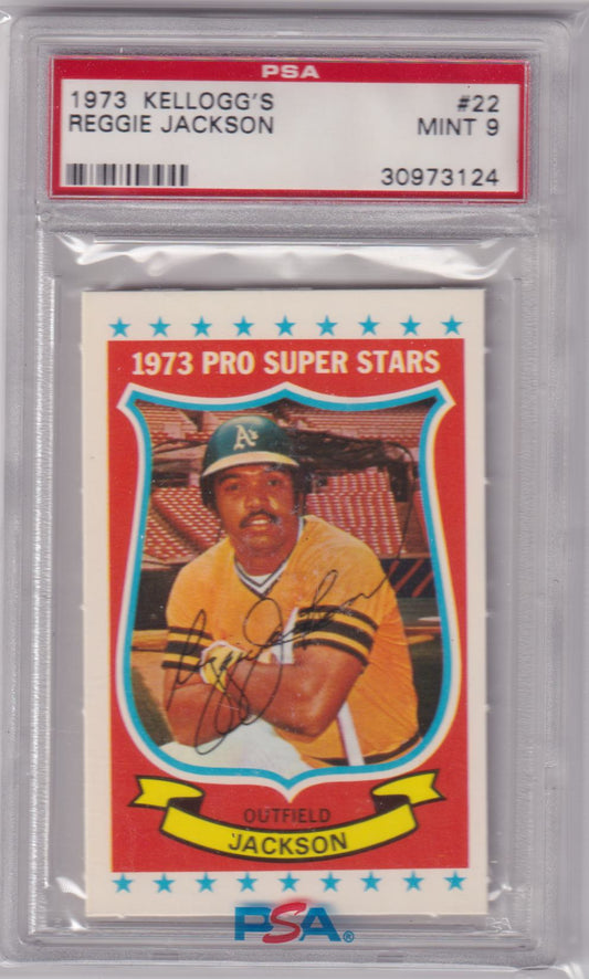 PSA-graded 1973 Kellogg’s baseball card of Reggie Jackson from the Athletics