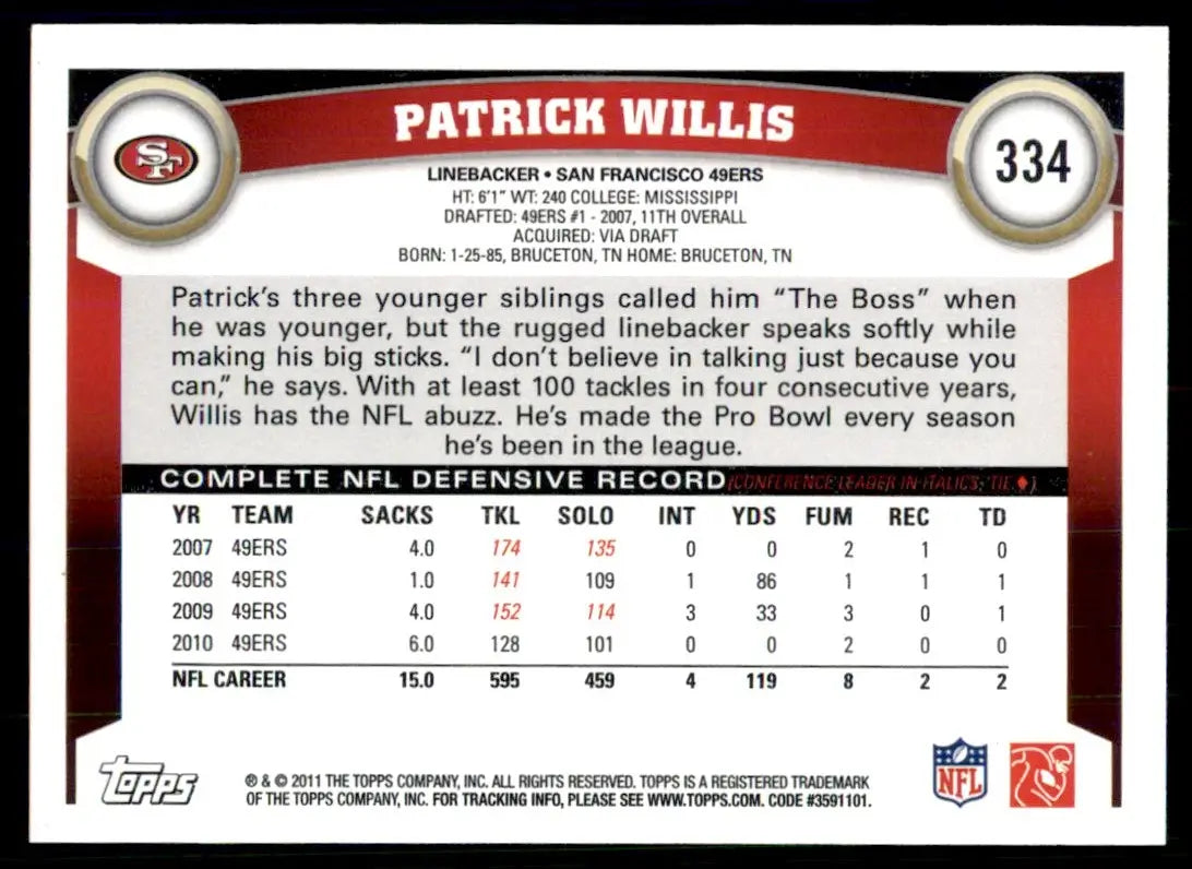 2011 Topps Patrick Willis San Francisco 49ers #334