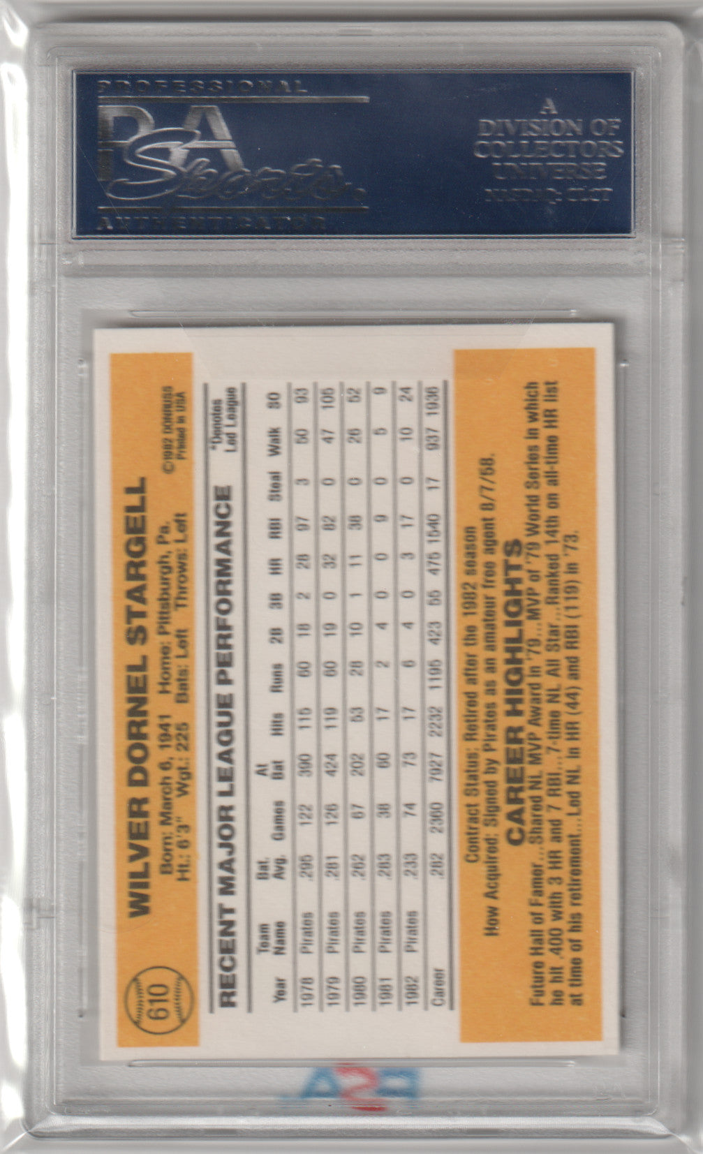 Willie Stargell 1983 Donruss baseball card in protective holder for trading cards collectors