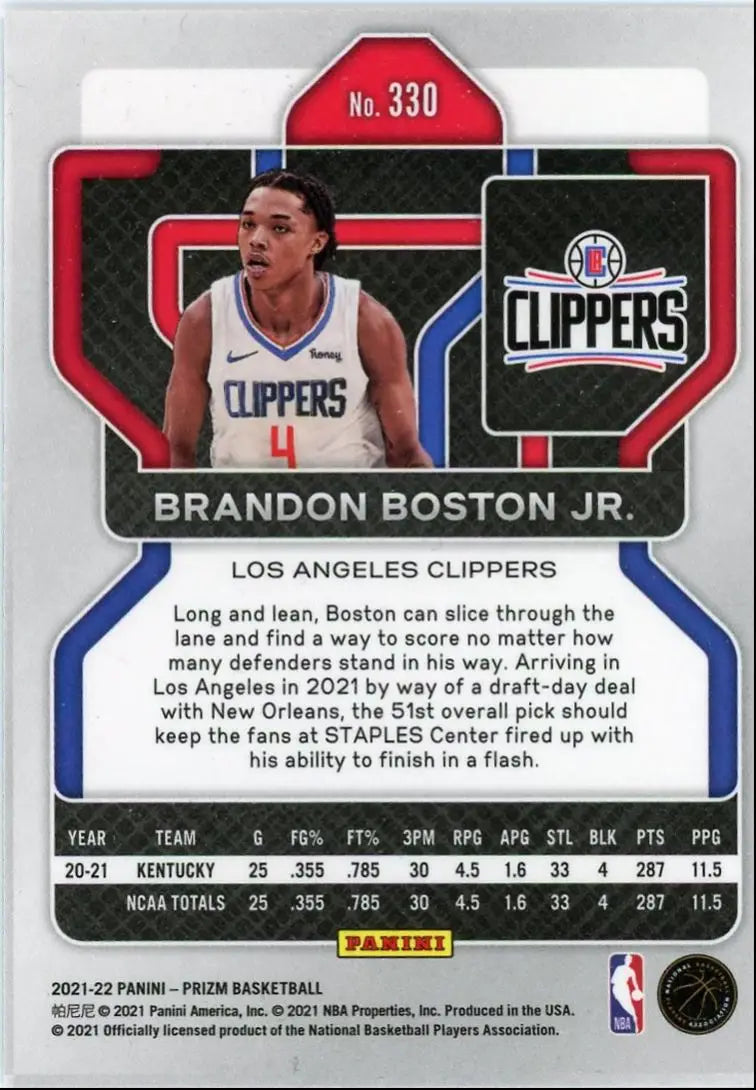 2021-22 Panini Prizm Brandon Boston Jr. Rookie Los Angeles Clippers #330