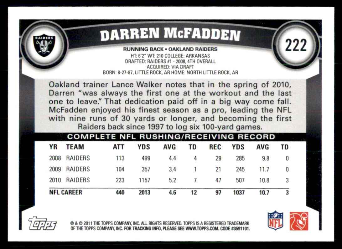 2011 Topps Darren McFadden Oakland Raiders #222