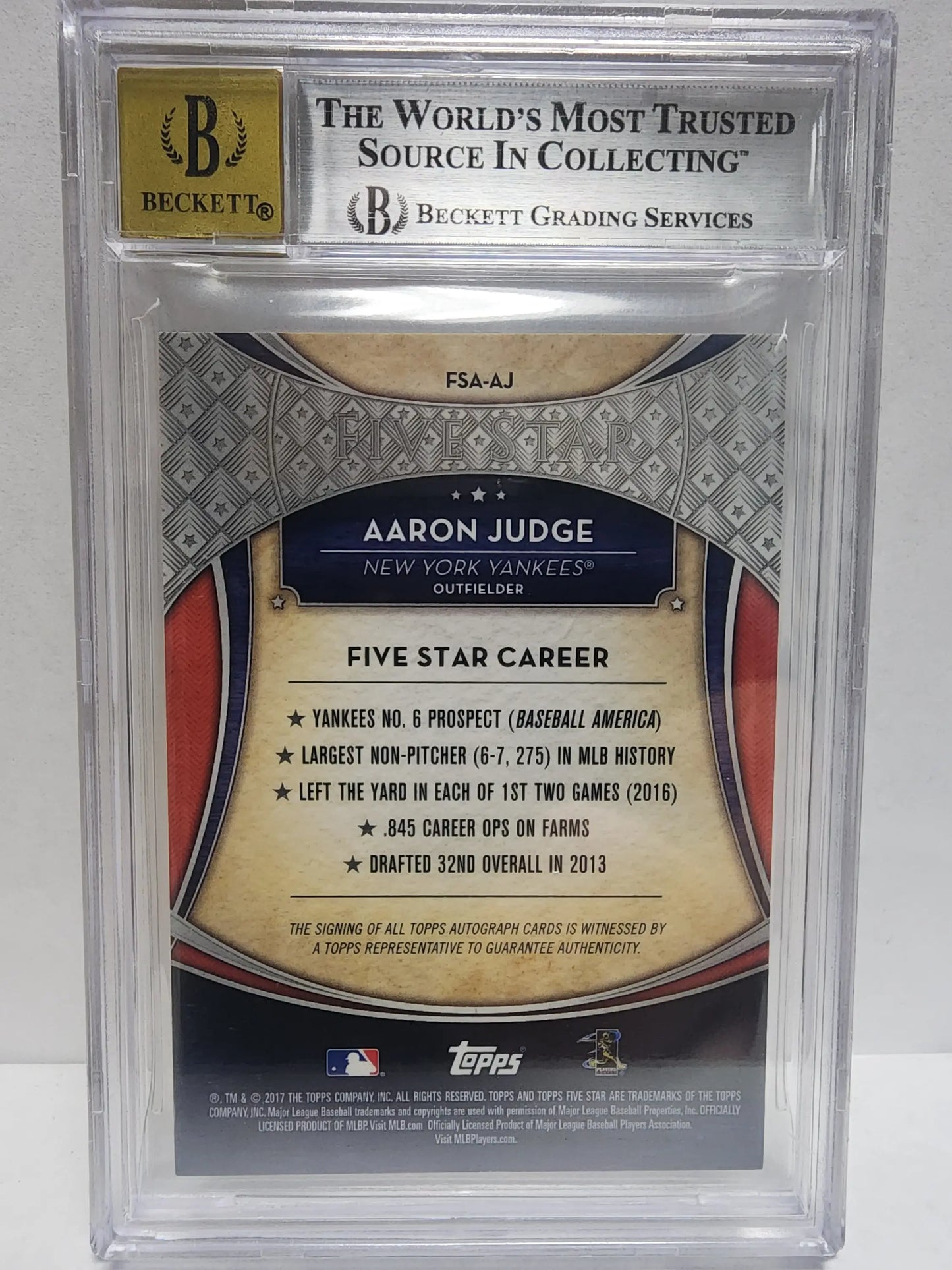 Beckett-graded Aaron Judge 2017 Topps Five Star Auto BGS 8 showcasing career highlights