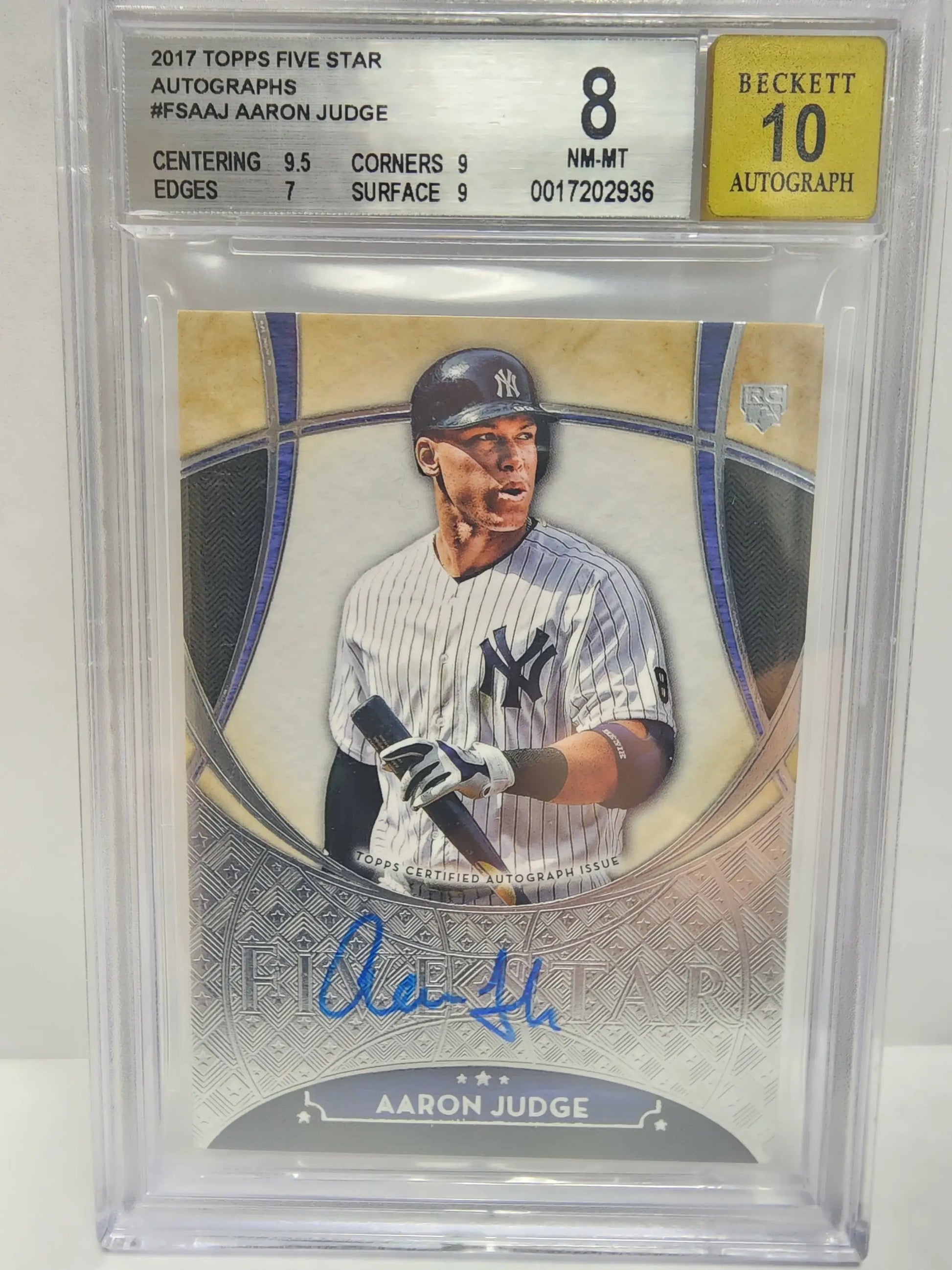 Graded 2017 Topps Five Star Auto BGS 8 with 10 autograph, featuring Yankees pinstripes