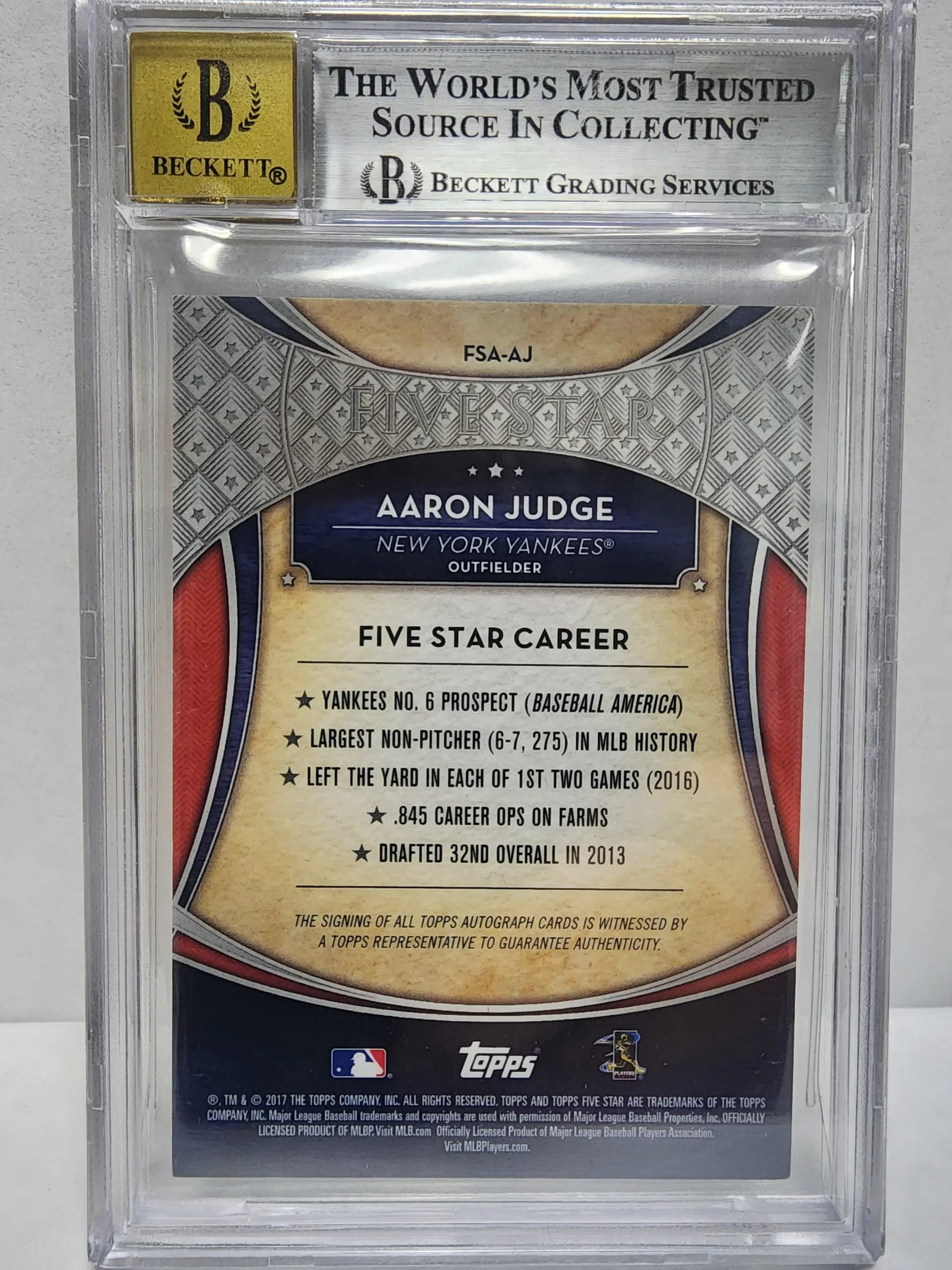 BGS-graded Aaron Judge 2017 Topps Five Star Auto highlighting Five Star Career achievements