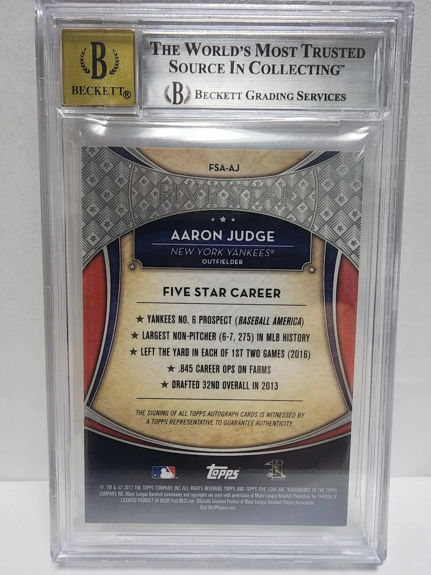 BGS-graded Aaron Judge 2017 Topps Five Star Auto card highlighting Five Star Career achievements