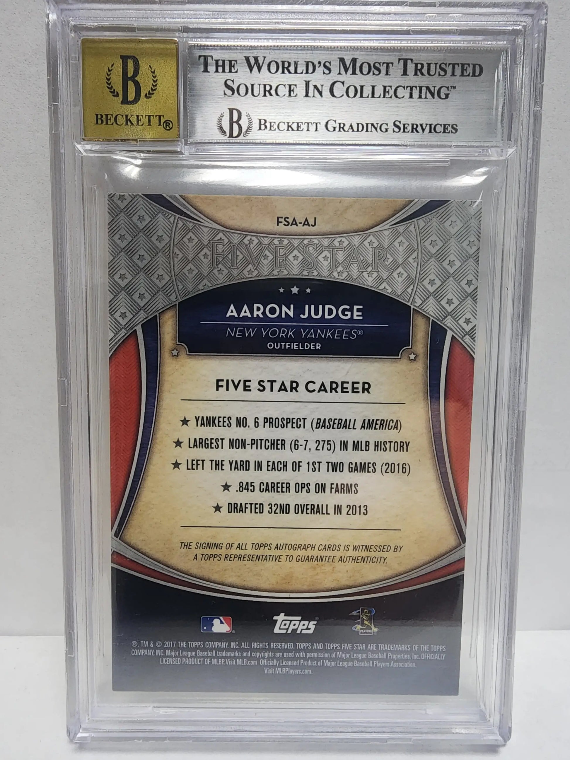 BGS-graded Aaron Judge 2017 Topps Five Star Auto card highlighting Five Star Career achievements