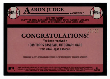 2024 Topps Aaron Judge Gold Auto trading card back with congratulatory text