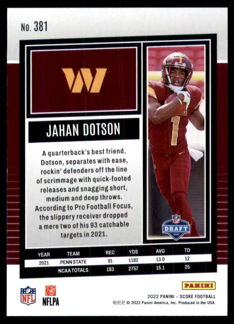 2022 Score Jahan Dotson Rookie Washington Commanders #381