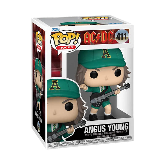 Funko Pop! Vinyl figure of Angus Young in green cap with guitar for collectors