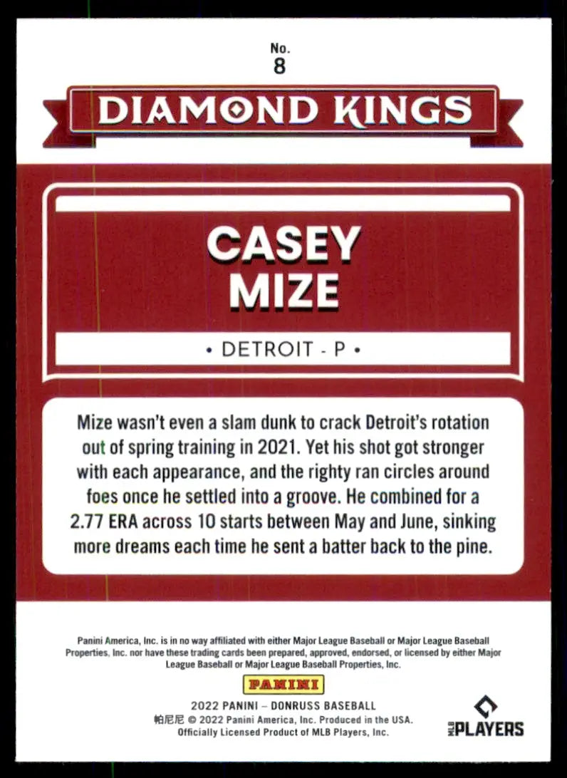 2022 Donruss Diamond Kings Casey Mize Purple Parallel Detroit Tigers #8