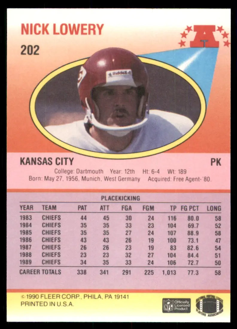 1990 Fleer Nick Lowery Kansas City Chiefs #202