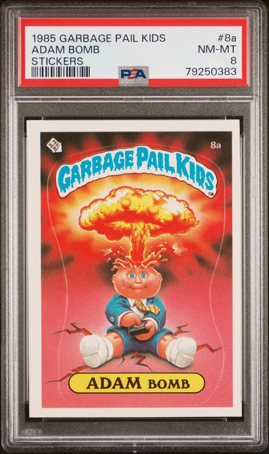 PSA-graded Garbage Pail Kids Adam Bomb card with mushroom cloud, 1985 Topps #8a NM-MINT