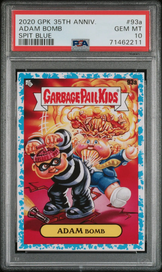 PSA-graded Adam Bomb Topps Garbage Pail Kids Spit Blue trading card from 2020 series