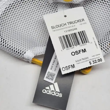 Product tag for Adidas Slouch Trucker, priced at $32.00 for Blues Mascot Louie cap