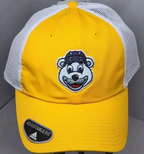 Yellow and white mesh baseball cap featuring Louis Blues mascot Louie patch on front