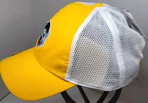 Yellow and white trucker cap featuring Blues Mascot Louie logo patch, perfect for fans