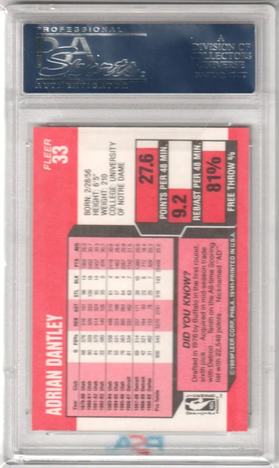 ADRIAN DANTLEY 1989-90 Fleer #33 PSA 10 GEM MINT single card in protective holder