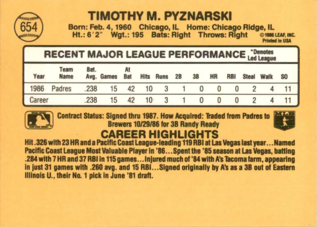 1987 Donruss Tim Pyznarski Rookie San Diego Padres #654