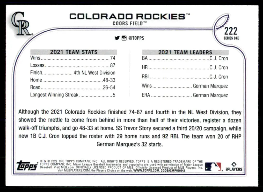 2022 Topps Colorado Rockies Colorado Rockies #222