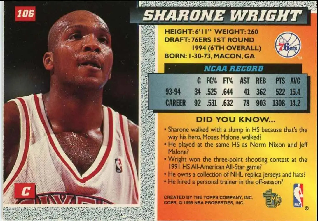 1994-95 Topps Embossed Sharone Wright Rookie Philadelphia 76ers #106