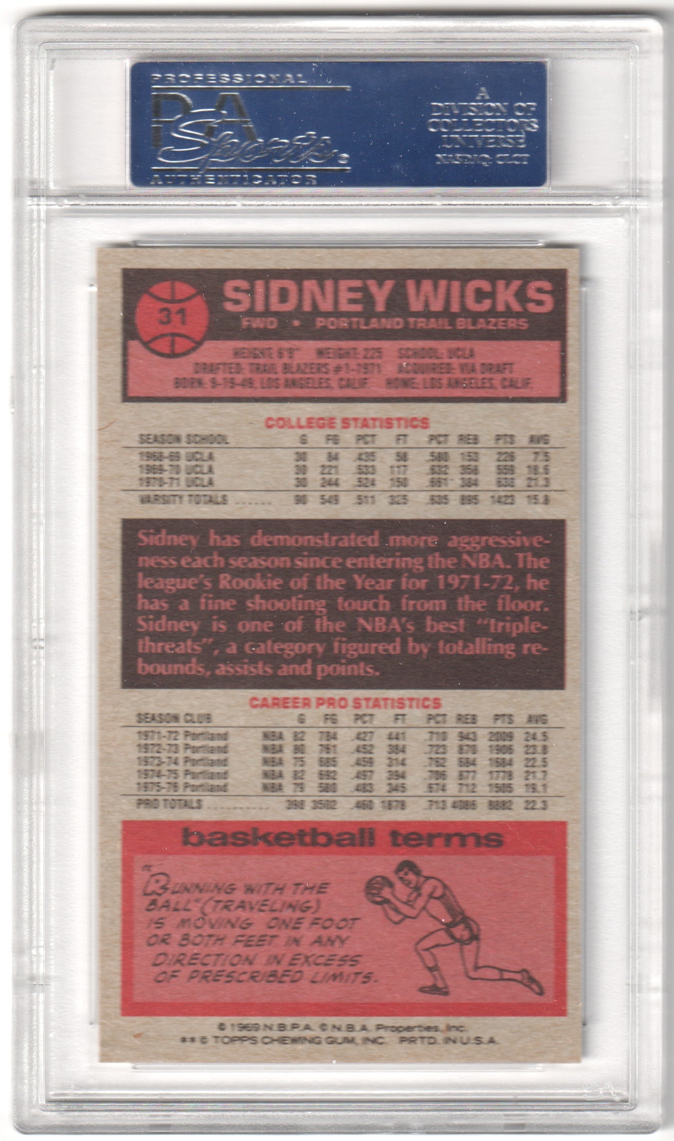 SIDNEY WICKS 1976-77 Topps #31 PSA 8 NM-MT - TRAIL BLAZERS