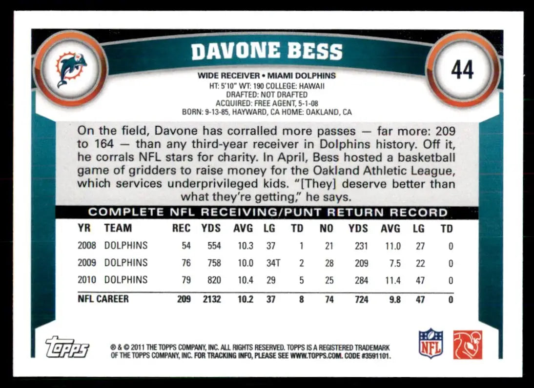 2011 Topps Davone Bess Miami Dolphins #44