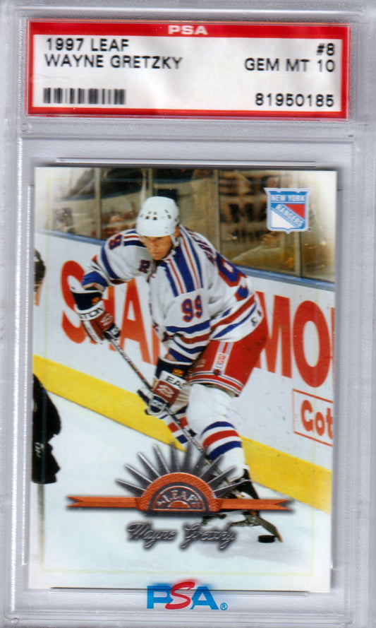 PSA-graded 1997 Leaf Wayne Gretzky hockey card featuring Rangers uniform from Columbia Hobby