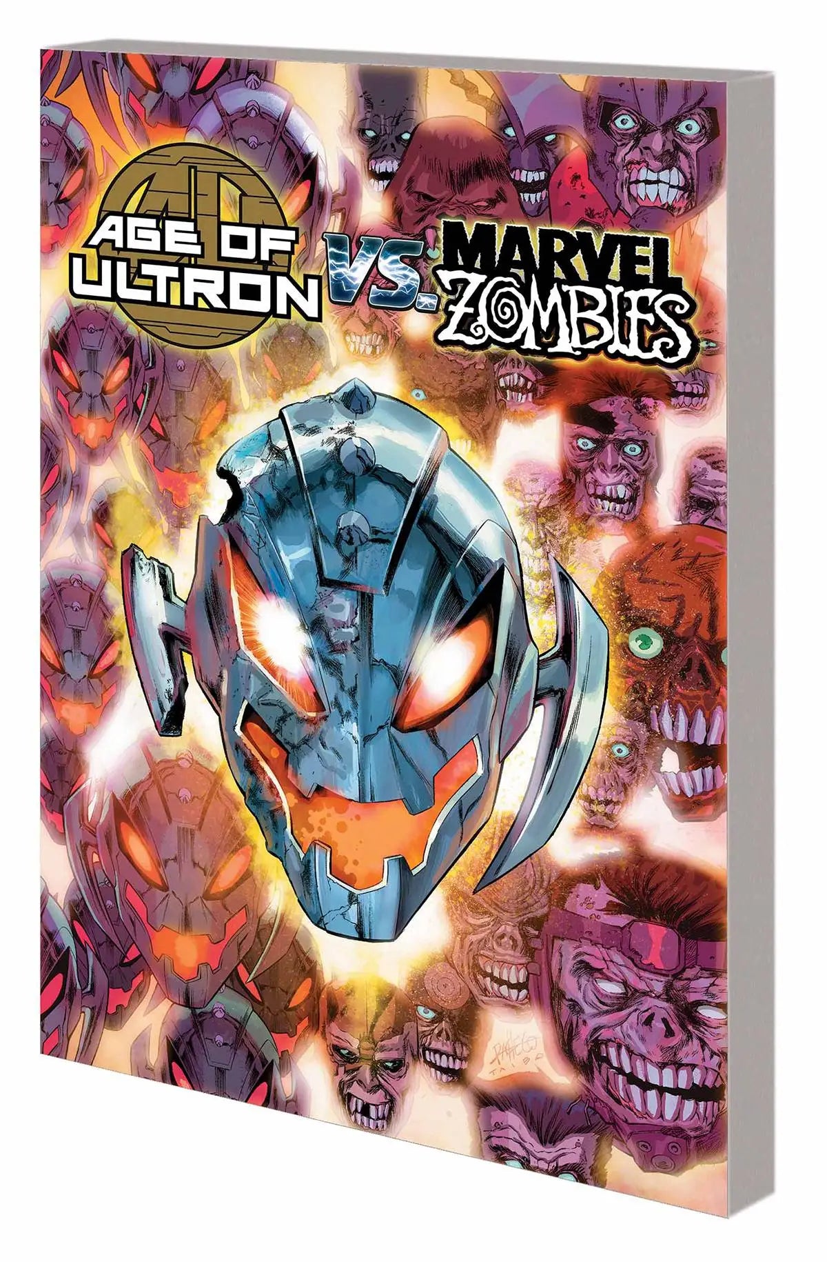 Metallic robotic head with glowing blue features in AGE OF ULTRON VS MARVEL ZOMBIES TP