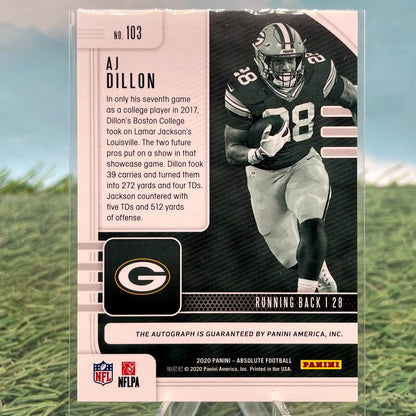 AJ Dillon 2020 Absolute Rookie Auto Card features Green Bay Packers team color match