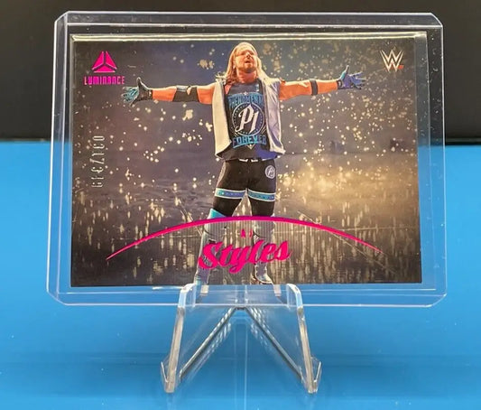 AJ Styles Pink Parallel trading card in a clear stand from Panini Chronicles 2023