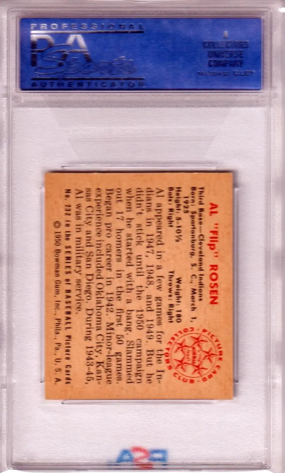 Baseball card in protective holder for Al Rosen 1950 Bowman #232 single cards shipping