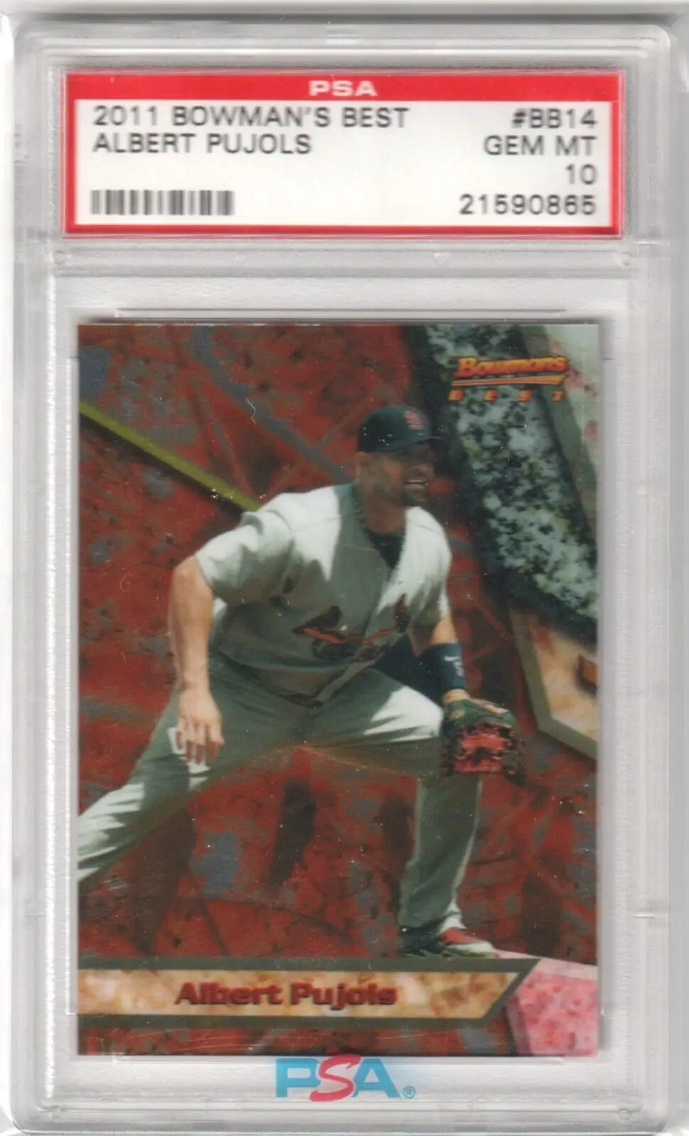 PSA-graded Albert Pujols 2011 Bowman’s Best #BB14 card in protective case from Columbia Hobby