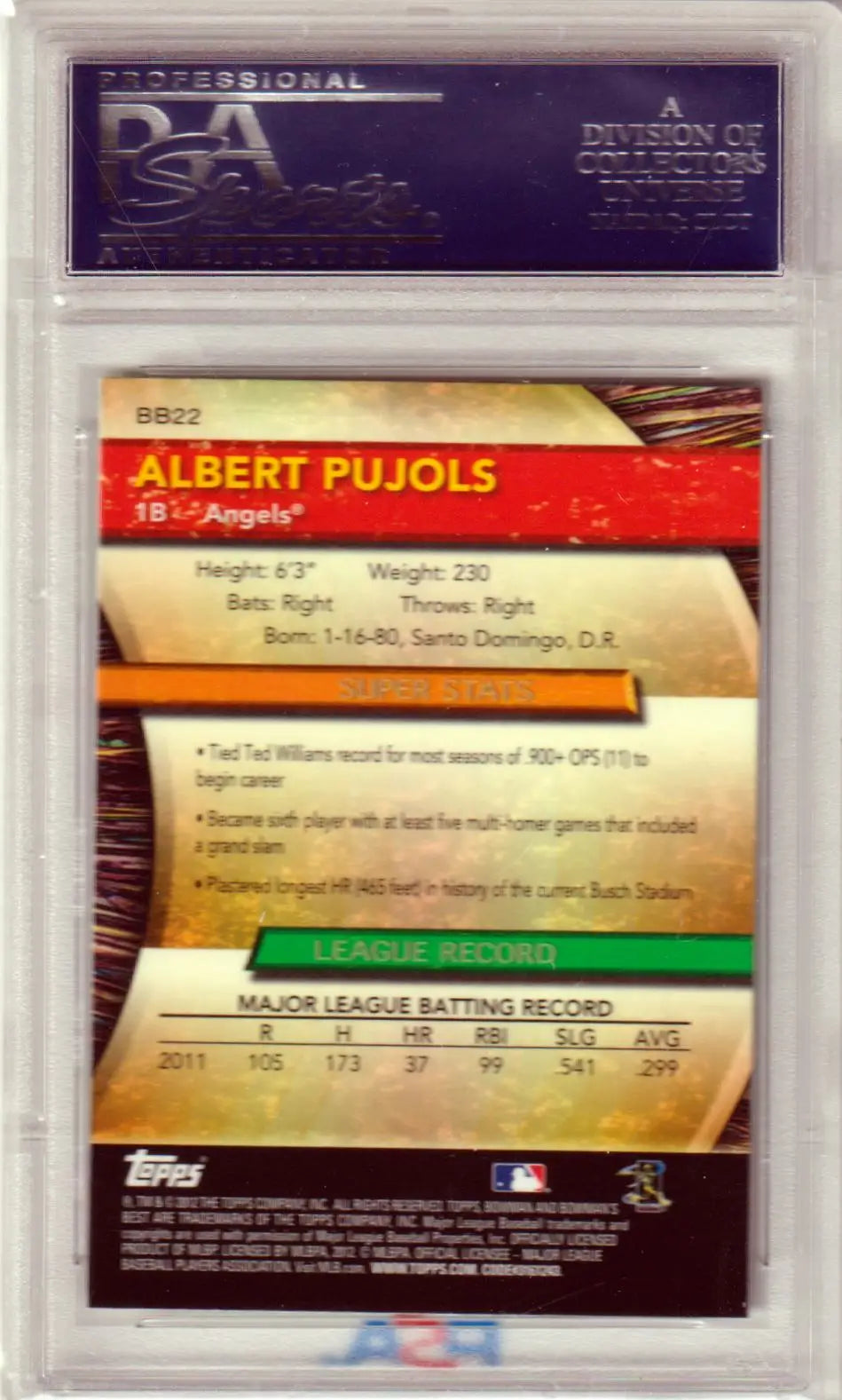 Albert Pujols 2012 Bowman’s Best BB22 PSA 10 GEM MINT card in protective holder from Columbia Hobby