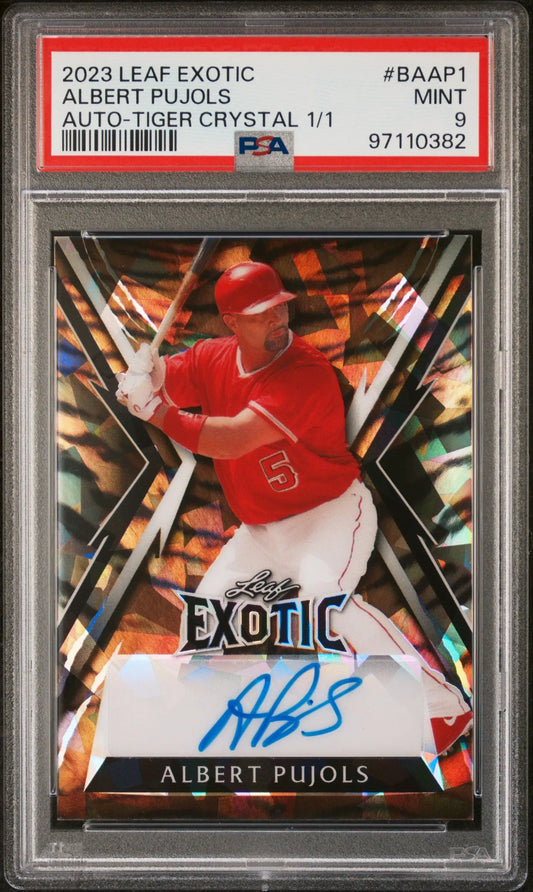 PSA-graded Albert Pujols 2023 Leaf Exotic Tiger Crystal Auto baseball card in red uniform