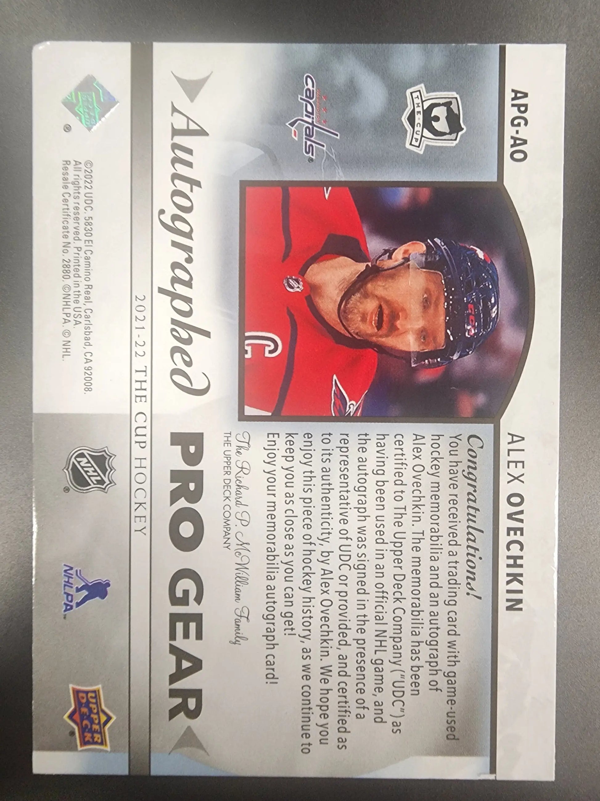 Alex Ovechkin 2021 Upper Deck The Cup Autographed Pro Gear hockey trading card