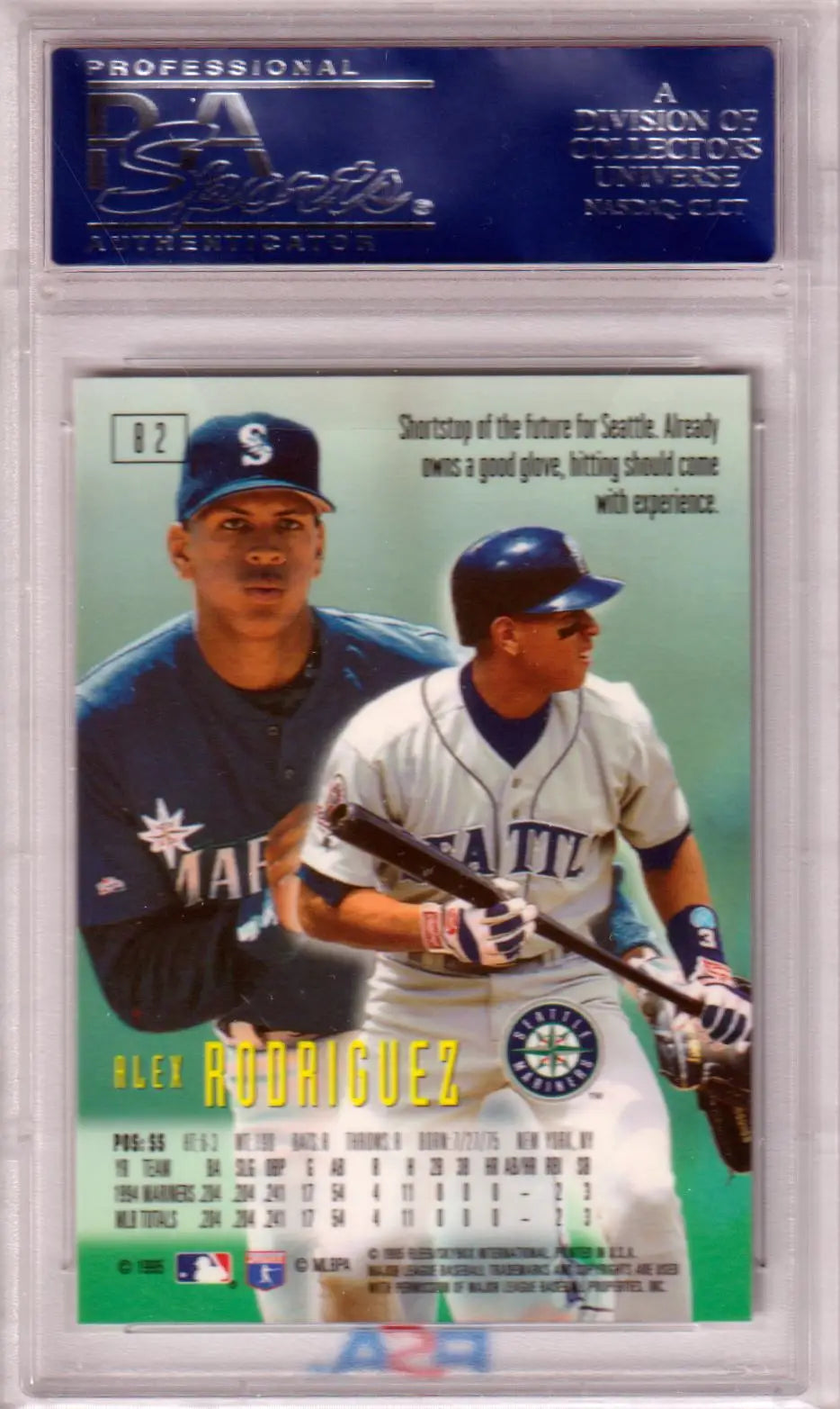 PSA-graded Alex Rodriguez 1995 Emotion RC Rookie #82 trading card in protective case