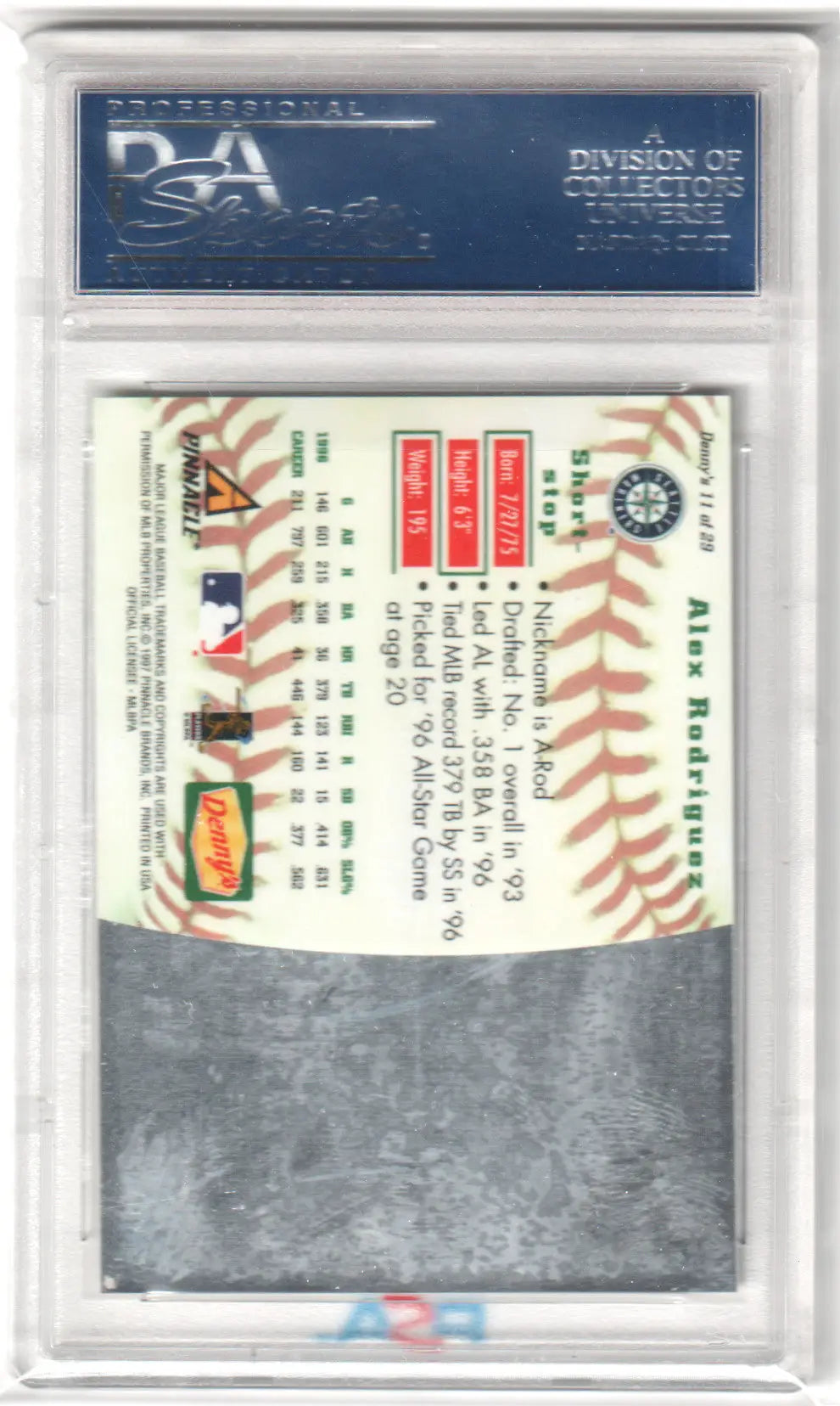 PSA-graded Alex Rodriguez 1997 Denny’s 3-D Holograms card in protective holder